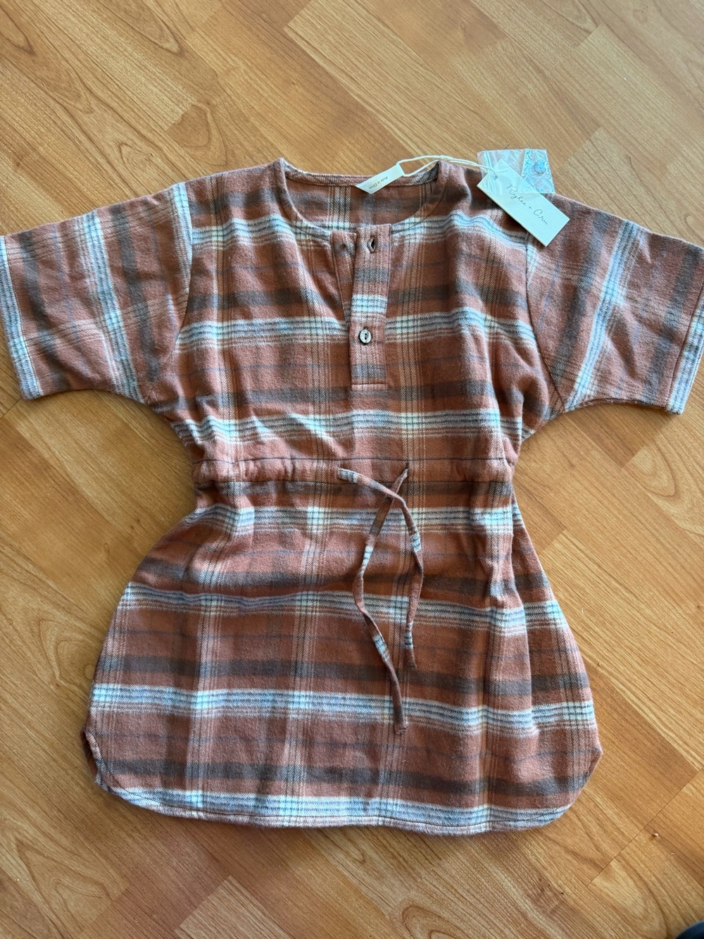 Rylee + Cru Rust Plaid Tie-Waist Tunic Dress